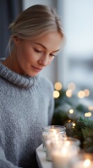 A peaceful woman arranging glowing candles on a windowsill