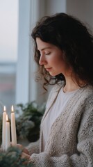 A peaceful woman arranging glowing candles on a windowsill