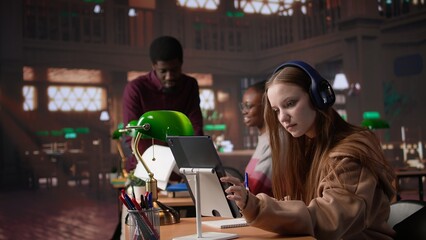 Young female adult listening to therapy music and working on her bachelor paper, using ambient sounds to help her focus in the university library. Student does academic research. Camera B.
