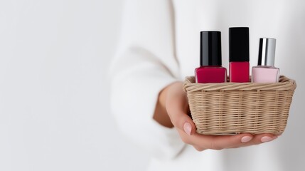 A woman holds a small woven basket filled with various skincare and cosmetic products