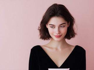 A studio shot of a brunette woman with rosy cheeks, looking down with a demure expression.