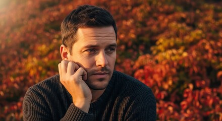 Introspective moment: Portrait of a man lost in thought amidst autumn foliage serenity