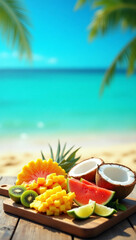 Bright Beach Fruity Still Life Display with Ocean View and Palm