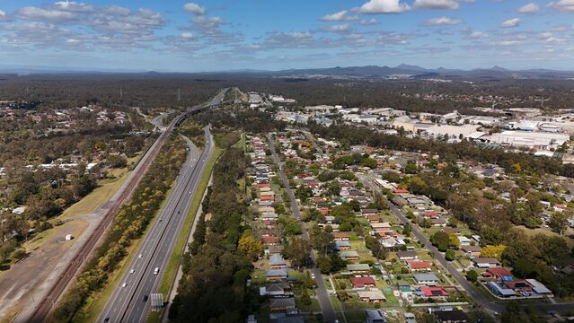 4K Aerial Drone Footage of Carole Park, Brisbane&ndash;Ipswich Region, Queensland &ndash; Industrial Suburb, Warehouses, Distribution Centers, Logistic Hubs, Logan Motorway, Forest Surrounds, Ellen Grove, Gailes