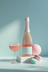 Pastel-colored still life featuring a bottle of ros? champagne, a glass, and macarons.  Soft light bathes the scene
