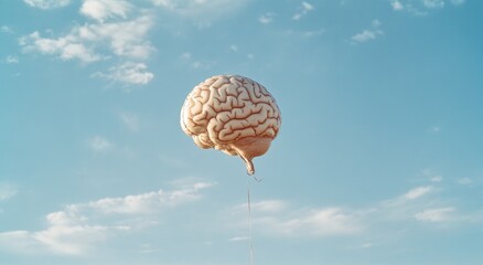 A large, light beige brain-shaped balloon floats in a clear blue sky dotted with puffy white clouds. A thin string descends from the balloon