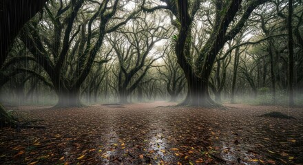 Mystical forest landscape in the rain with towering trees and heavy fog creating an ethereal