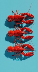 Three vibrant red crawfish arranged vertically on a bright turquoise background, casting dramatic shadows