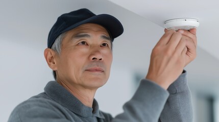 Focused senior Asian man installing or testing a white smoke detector on a ceiling.