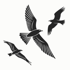 Obraz premium Three black birds in flight with detailed wing feathering against a white background in a vector style created with generated ai