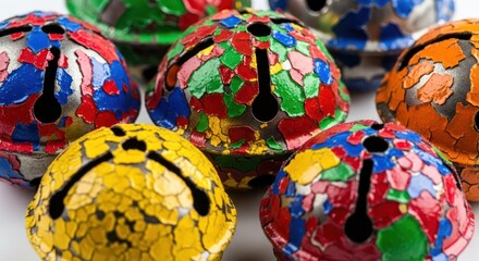 A captivating group of colorful jingle bells with aged paint finish creating a vibrant mosaic
