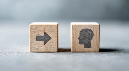 Two wooden blocks, one with an arrow pointing right, the other with a profile head silhouette, symbolizing direction and focus