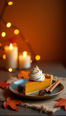 Delicious Pumpkin Pie Slice with Whipped Cream Topping Still Life