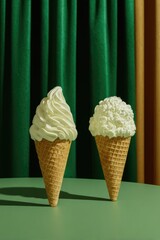 Two scoops of soft serve ice cream on waffle cones, against a backdrop of emerald green and mustard yellow drapes