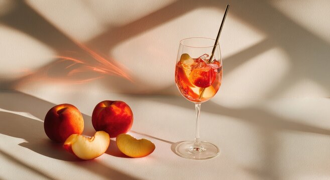 Peach spritzer cocktail in a stemmed glass, beside fresh peaches