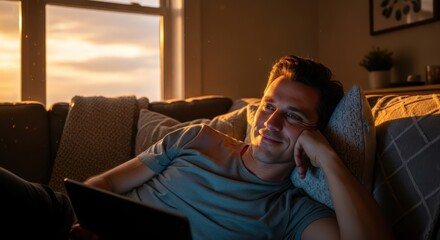 Man relaxing on sofa enjoying the sunset streaming content on his tablet computer at home