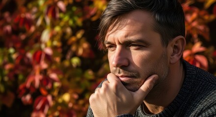 Contemplative man immersed in the colors of autumn thoughtful expression outdoor