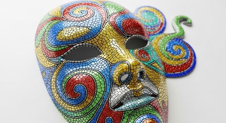 Spectacular mosaic carnival mask radiating vividness and intricate artistry on a white background