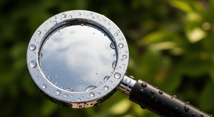 Reflecting serenity a mirrored surface graced by water droplets against lush greenery