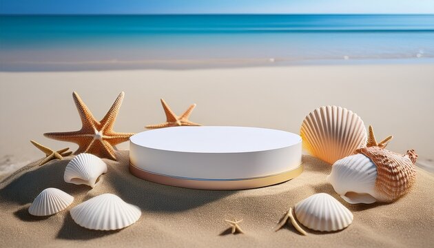 Minimalist Podium Surrounded By Sea Shells And Starfish On Sandy Beach Background Perfect For Beauty Product Displays