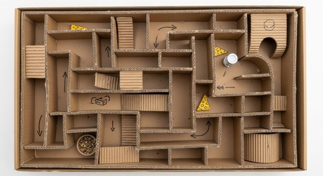Elaborate cardboard maze for small rodents stimulates minds with hidden cheese puzzles