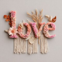 Pink ombre "LOVE" word art with natural elements