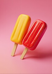 Two vibrant popsicles, one yellow and one red, angled on a pink background