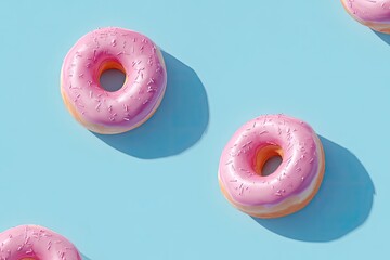 Three pink frosted donuts on a light blue background,  angled for a slightly 3D effect.  Shadows cast beneath them