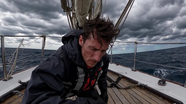 Exhausted man in foul weather gear navigating a sailboat through turbulent waters under a dramatic, stormy sky, representing resilience and the challenges of ocean voyaging