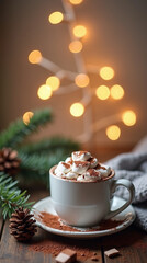 Festive Still Life of Hot Cocoa with Marshmallow Topping and Bokeh Lights
