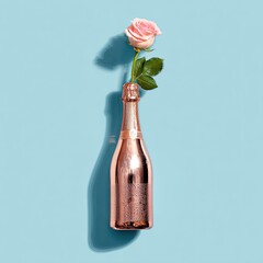 A single, pale pink rose sits atop a rose-gold champagne bottle against a light-blue background.  Soft shadows accentuate the bottle's form