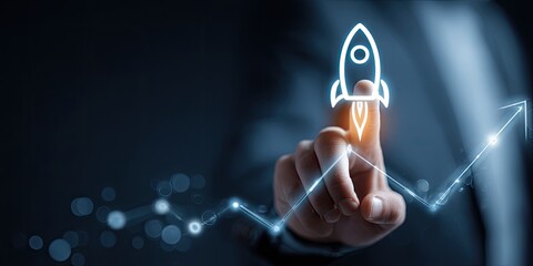 Hand launching a glowing rocket icon, overlaid on a graph, suggesting business growth