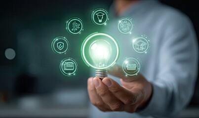 Person holds glowing lightbulb with glowing icons