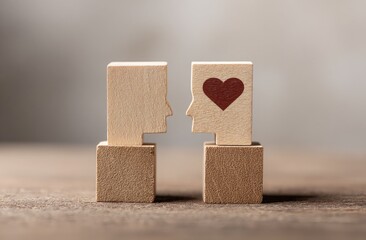 Two wooden head blocks, facing each other, a heart on one