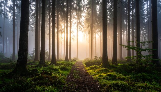 Misty forest path bathed in sunlight (2)