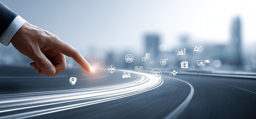 Business hand interacting with digital icons over a road