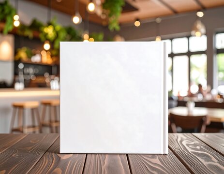 Blank white book on wooden table in cafe