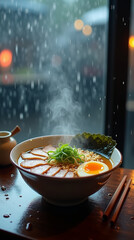 Delicious Steaming Ramen Bowl with Toppings on a Rainy Day Still Life