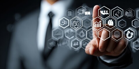 Businessman interacts with a digital interface showing many business icons