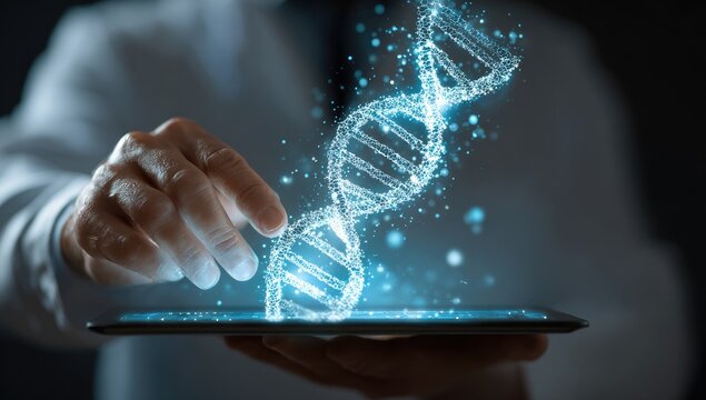 A hand holding a tablet displays a glowing DNA helix