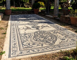 Intricate mosaic floor design in a garden setting