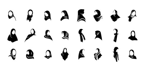 Hijab silhouette icons and moslem women headscarf designs. black sketch islamic fashion.
