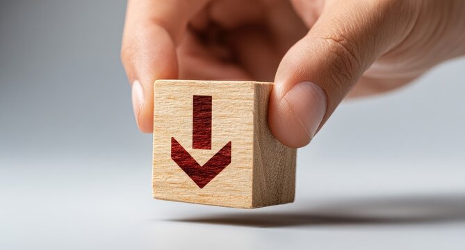 Hand holding a small wooden cube with a red downward-pointing arrow