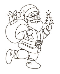 Minimalist one-line drawing of Santa Claus holding a Christmas tree and gift sack. Perfect for holiday cards, kids' coloring pages, Christmas crafts, posters, and modern festive designs