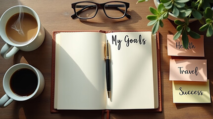 Top View Personal Goal Setting with Coffee and Stationery Flatlay