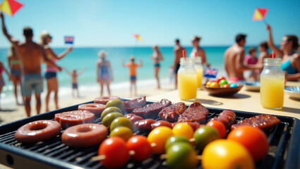 Vibrant Beach Barbecue Scene with Grilled Food and Happy People Celebrating