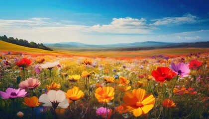 Fototapeta premium Vibrant Summer Landscape Filled With Colorful Flowers In Minimalist Art Style