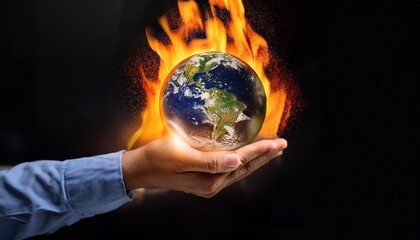 a hand holding a burning earth globe symbolizing the global warming and climate change crisis