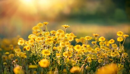 Fototapeta premium Cute Fluffy Little Yellow Wildflowers In Nature On A Meadow On Sunny Spring Or Summer Day Soft Selective Focus