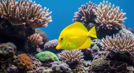 Vibrant yellow fish in a coral reef aquarium.  A striking yellow fish swims amongst a variety of colorful coral formations.  The underwater scene is filled with life and vibrant hues